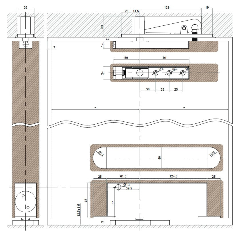 PIVOT 360° Amortizor hidraulic central pentru ușă din lemn + fixare superioară cu ax. N360200W.